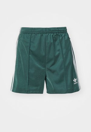Grønn idrettsshorts laget av glatt stoff, med elastisk midje, sidestriper og en liten hvit logo på nederste ben.