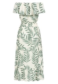 Robe midi épaules dénudées avec imprimé de feuilles tropicales vertes sur tissu blanc, taille élastique et encolure et ourlet à volants.