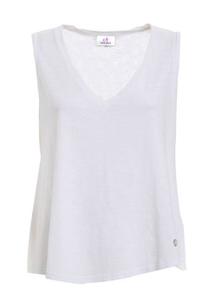 Camiseta sin mangas blanca de cuello en V y corte holgado, con un pequeño logo de la marca cerca del dobladillo inferior y una etiqueta en el interior del cuello.