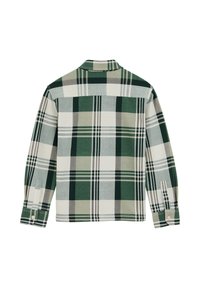 Zeleno-bela karirana flanelna srajca, z dolgimi rokavi, ovratnikom in gumbi na manšeti. Mehka tekstura s karirastim vzorcem.