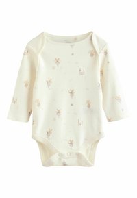 Cream-colored long-sleeve baby bodysuit with snap buttons and a pattern of small fairies, rainbows, and castles in soft pastel colors.