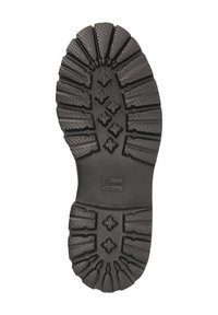Suola di scarpa in gomma nera con scanalature profonde, superficie texturizzata e un logo. Presenta motivi a zigzag e floreali per una migliore aderenza.