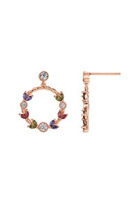 Orecchini a cerchio in oro rosa con pietre colorate, tagli rotondo e marquise, con un design intrecciato e una chiusura a perno sicura.