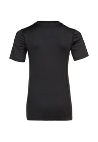 Mustat lyhythihaiset t-paidat, jotka on valmistettu sileästä ja joustavasta kankaasta. Sisältää pyöreän kaula-aukon ja litteät saumat reunoilla virtaviivaisen ilmeen saavuttamiseksi.