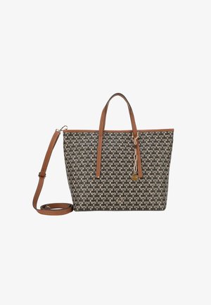 Tote taske med et mørkt mønster med sammenflettede former, beige detaljer, brune læderhåndtag og en aftagelig skulderrem.