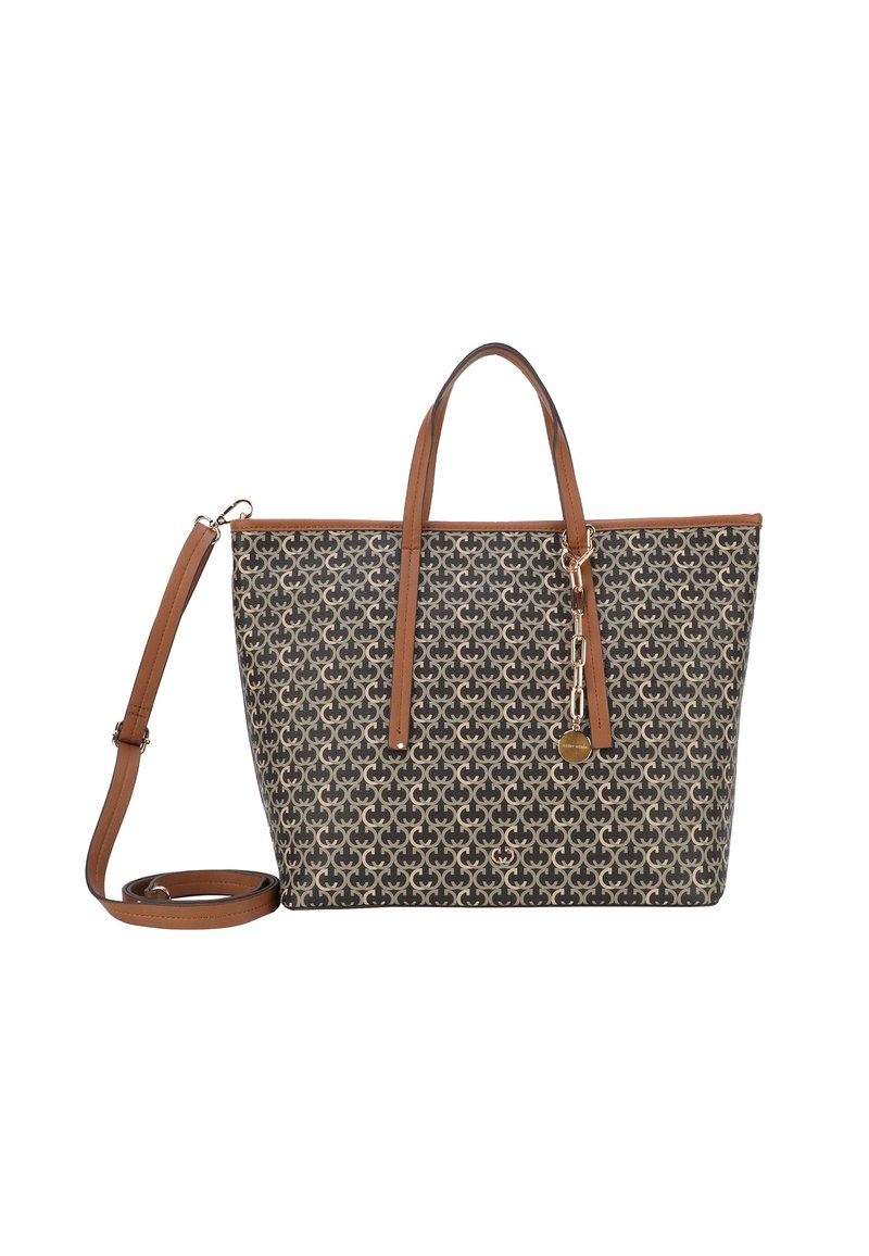 Borsa a tracolla con un motivo scuro caratterizzato da forme intrecciate, dettagli beige, manici in pelle marrone e una tracolla removibile.