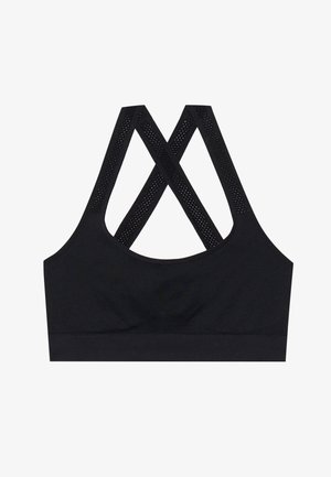 Musta urheilbra, jossa on saumatonta muotoilua ja ristikkäissuunnittelua, valmistettu teksturoidusta verkkomateriaalista parantamaan hengittävyyttä ja tukea.