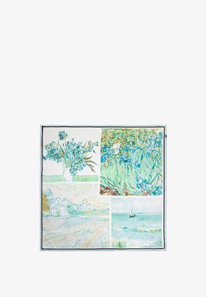 Foulard di seta con quattro design quadrati: fiori blu in un vaso, iris, un paesaggio e una scena di barca, circondato da un bordo nero.