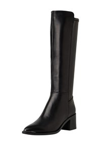 Bottes en cuir noir à hauteur de genou, avec un bout pointu, un talon carré et une texture lisse ; présentent de légers détails de couture et une silhouette épurée.