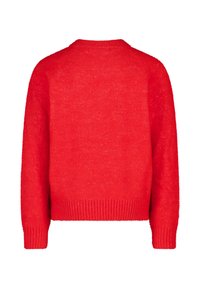 Roter Strickpullover mit Rundhalsausschnitt, langen Ärmeln und geripptem Saum. Weiche Textur mit einem leicht fluffigen Aussehen. Rückansicht dargestellt.