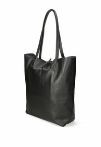 Mustat nahkainen olkalaukku, jossa on teksturoitu pinta, kaksinkertaiset kahvat, avoin yläosa ja minimalistin tyyli. Sisältää hienovaraisen nyöri sulkumenetelmän yksityiskohtana.