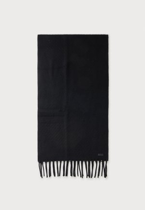 Écharpe rectangulaire noire avec des extrémités à franges, présentée à plat sur un fond clair.