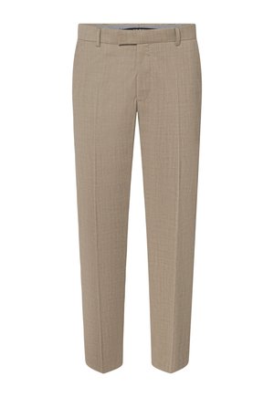 Beige maßgeschneiderte Herrenhosen mit Gürtelschlaufen, flachem Vorderteil und schmaler Passform.