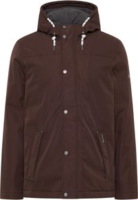 Brown, waterproof hooded jacket with a front zip, snap buttons, and two side pockets. Features adjustable drawstrings and a gray lined hood.