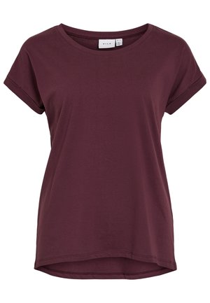 Camiseta burdeos de manga corta con cuello redondo, espalda ligeramente más larga y puños enrollados, fabricada en una tela suave.