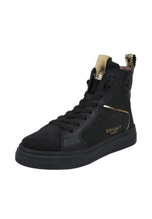 Sneaker alta nera con una tomaia in suede e glitter, dotata di accenti dorati, lacci neri piatti e una suola in gomma testurizzata.