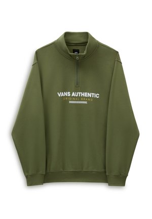 Oliwkowa bluza z suwakiem do ćwiartki z napisem „Vans Authentic Original Brand” i szachownicowym wzorem na piersi, długimi rękawami i ściągaczami na mankietach.