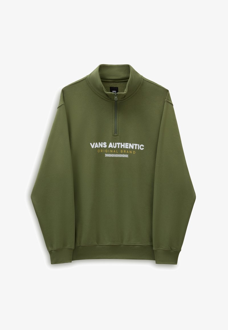 Sweat-shirt vert olive à fermeture éclair quart, avec le texte "Vans Authentic Original Brand" et un motif à carreaux sur la poitrine, manches longues et poignets côtelés.