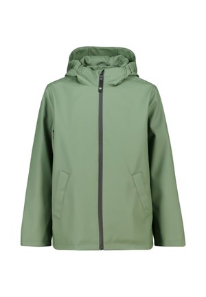 Veste imperméable verte avec capuche, fermeture éclair à l'avant et deux poches latérales. Texture lisse et design épuré sans motifs.