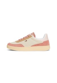 Sneaker with a white nylon upper, pale pink and tan suede accents, beige rubber sole, and matching laces. Features a small logo on the side.