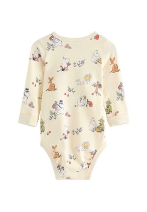 Langærmet babybodystocking i cremefarve med Mumi-figurer, blomster, sol og små planter trykt over det hele.