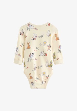 Langærmet babybodystocking i cremefarve med Mumi-figurer, blomster, sol og små planter trykt over det hele.