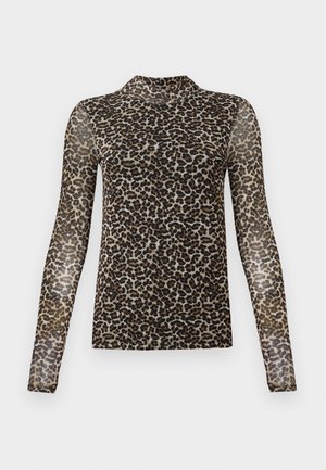 Long-sleeve, sheer top featuring a leopard print pattern in shades of brown and black, with a high neckline and fitted design.