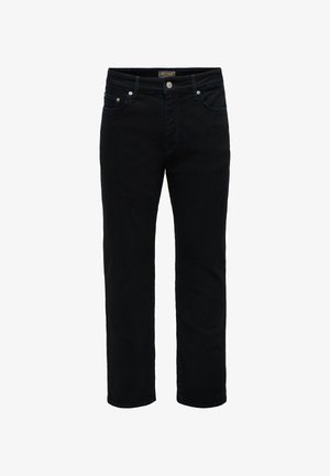 Férfi fekete egyenes szárú farmer elöl gombos és zsebes, fehér háttéren bemutatva.