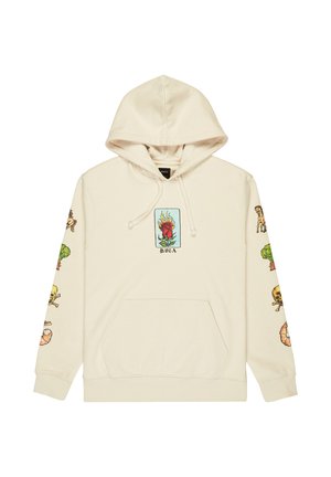 Sweat à capuche beige avec une poche avant, présentant des impressions graphiques colorées de nourriture et d'objets sur les manches et un motif central de rose.