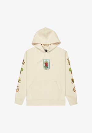 Beżowa bluza z kapturem z kieszenią z przodu, z kolorowymi nadrukami jedzenia i przedmiotów na rękawach oraz centralnym wzorem w postaci róży.