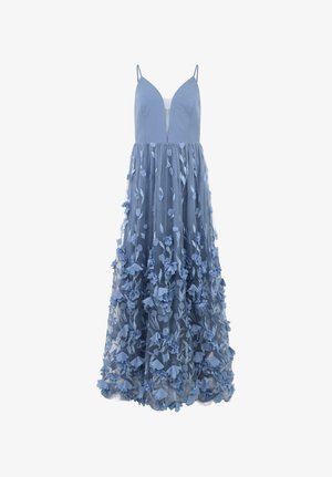 Blaues ärmelloses Maxikleid mit tiefem V-Ausschnitt und Blumenapplikationen auf einem Rock aus transparentem Stoff.
