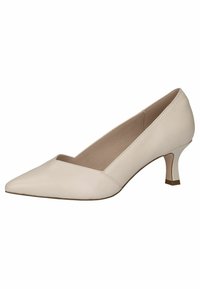 Beige leather high heel shoe with a pointed toe, shallow vamp cut, and a small, textured heel. Smooth finish with minimal detailing.