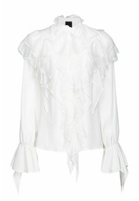 Blusa bianca con colletto alto arricciato, maniche lunghe e polsini svasati. Realizzata in un tessuto leggero e liscio.