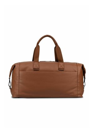 Brown leather duffel bag with sturdy fabric handles, a zip closure, and a front pocket. Smooth texture and minimalist design.