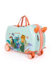 Children's light blue wheeled suitcase with orange handles and ears, jungle animal illustrations, and a "Jungle Friends" label.