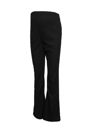 Black flared pants made of textured fabric, featuring a high waistband and a smooth finish, with a straight fit through the hips and thighs.