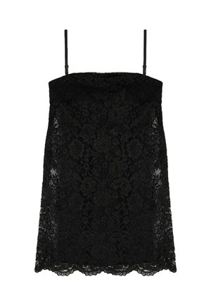 Schwarzes Spitzen-Top mit dünnen Trägern, das ein florales Muster und einen gewellten Saum aufweist. Der Stoff ist durchsichtig mit einer strukturierten Oberfläche.
