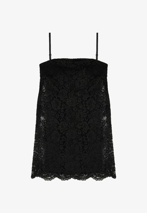 Schwarzes Spitzen-Top mit dünnen Trägern, das ein florales Muster und einen gewellten Saum aufweist. Der Stoff ist durchsichtig mit einer strukturierten Oberfläche.