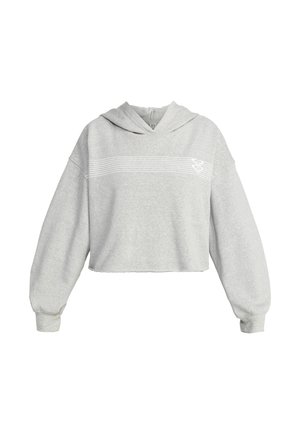 Przycięta szara bluza z miękkiego materiału, z kapturem na sznurku, oversize'owymi rękawami i białymi poziomymi paskami z wzorem serca.