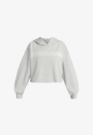 Lyhyt harmaa huppari pehmeästä kankaasta, jossa on kiristysnauha huppuna, ylisuurilla hihoilla ja valkoisilla vaaka-raidoilla, joihin on kuvattu sydänkuvio.