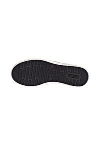 Semelle en caoutchouc noir avec un motif de texture. Bord blanc. Nom de la marque "remonte" embossé sur le côté. Convient pour des chaussures décontractées.