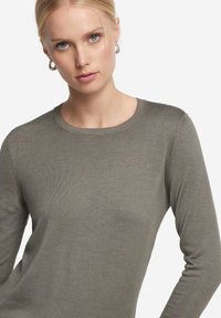 Langärmliger Pullover mit Rundhalsausschnitt in einem sanften, gedämpften Olivgrün. Hergestellt aus einem glatten Strickstoff mit figurbetonter Silhouette und feiner Nahtführung.