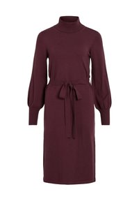 Robe marl bordeaux avec un col haut, de longues manches bouffantes et une ceinture à la taille. Texture tricot douce et ourlet mi-long avec des fentes latérales.