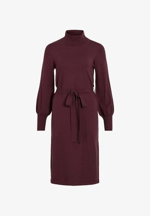 Marlburgunder Kleid mit hohem Kragen, langen Puffärmeln und Gürtel in der Taille. Weiches Strickmaterial und knielanger Saum mit seitlichen Schlitzen.