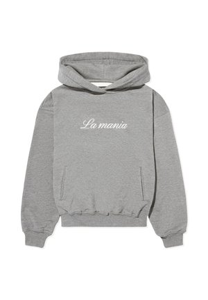 Szürke kapucnis pulóver puha anyagból, kenguruzsebbel és bordázott mandzsettával, elöl fehér "La mania" hímzéssel.