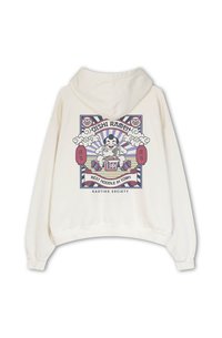 Sudadera color crema con un diseño gráfico que presenta a un chef de dibujos animados, un tazón de ramen y el texto "Oishi Ramen" en letras coloridas y en negrita.