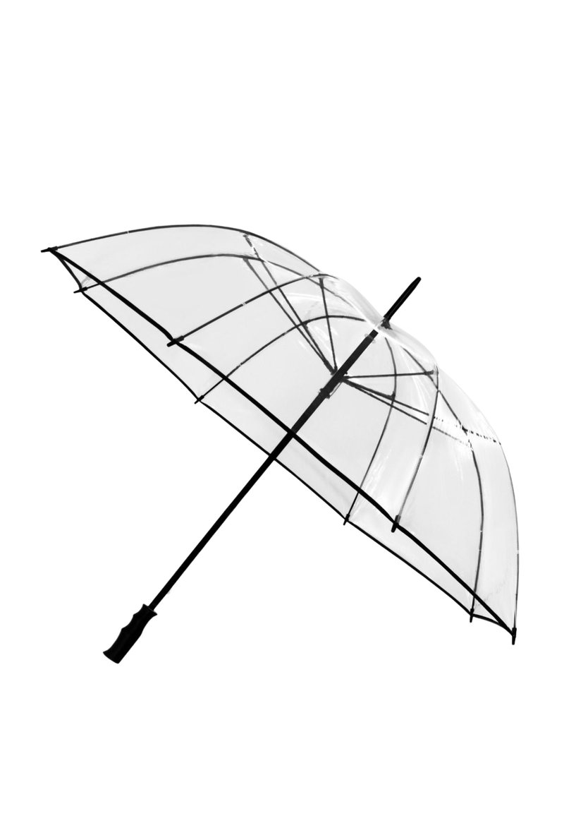 Ombrello in PVC trasparente con struttura nera, forma a cupola curva e manico nero. Caratterizzato da più stecche per garantire robustezza e trasparenza.