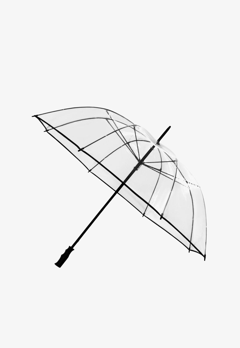 Transparante PVC paraplu met een zwart frame, gebogen koepelvorm en zwarte handgreep. Beschikt over meerdere ribben voor structuur en transparantie.