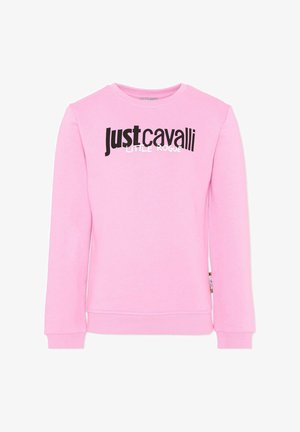 Felpa rosa a maniche lunghe con stampa frontale delle scritte nere "Just Cavalli" e bianche "Little Rogue".