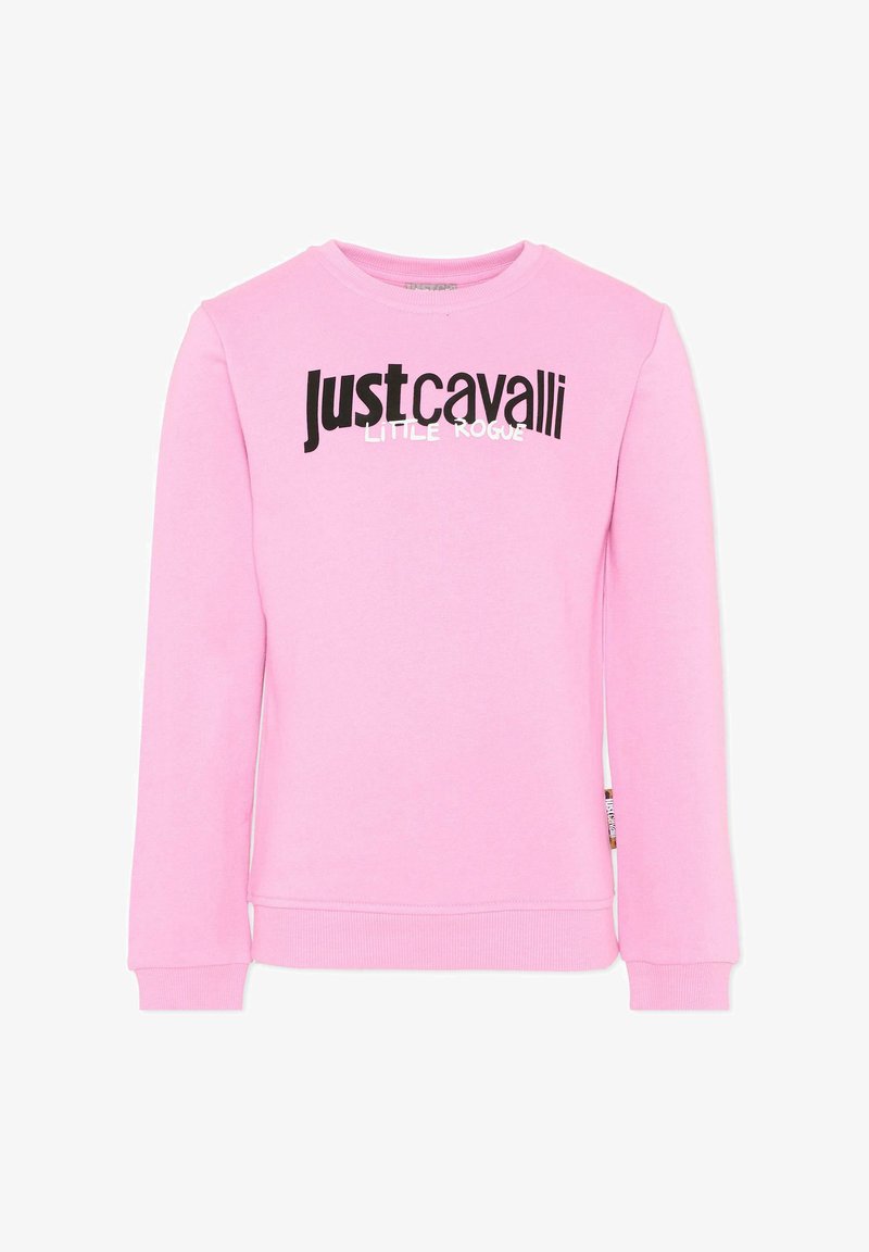 Sweat-shirt à manches longues rose avec les textes noirs "Just Cavalli" et blancs "Little Rogue" imprimés sur le devant.